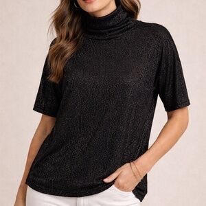 Cable & Gauge Black Metallic Turtleneck Sweater | Short Sleeve | Size XL